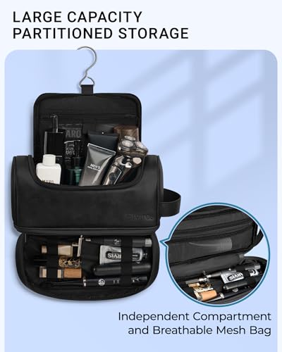 Elviros Hanging Toiletry Bag for Men PU Leather Shaving Kit (Black) - color: Black, size: Large (Pack of 1)