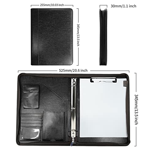 WRIYES Zippered Portfolio Organizer with 3 Ring Binder, Black - color: Black