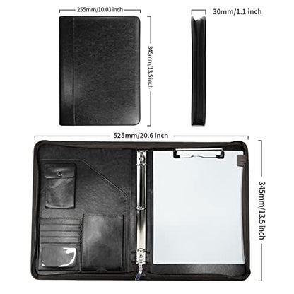 WRIYES Zippered Portfolio Organizer with 3 Ring Binder, Black - color: Black