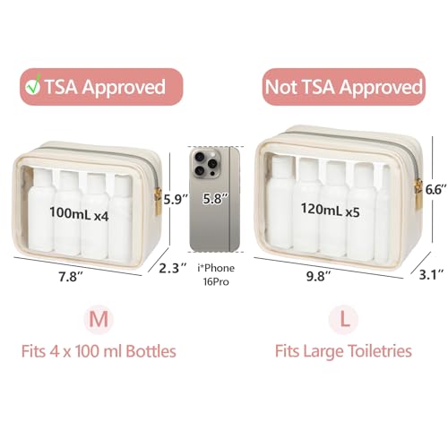 PACKISM Clear Makeup Bag Foldable - TSA Approved Toiletry Bag for Travel - color: 2 Pack Beige, size: Hybrid Traveler (1 Large & 1 Medium - Soft)