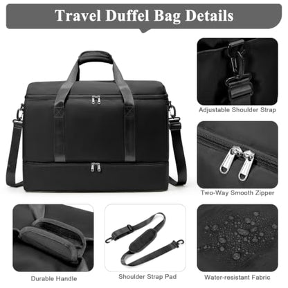Travel Duffle Bag with Shoe Compartment, Overnight Weekender Bags for Women - color: Black