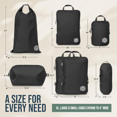 TRIPPED Travel Gear 여행용 대형 압축 패킹 큐브 7피스 세트 - color: 블랙.