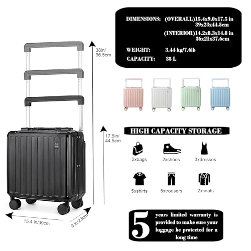 Somago Aluminum Frame 18" Carry On Luggage Wide Handle Suitcase Built-In Double TSA Lock Hardside Lightweight PC Travel Suitcase with Spinner Wheels, Black - color: Black, size: 18 Inch Carry On