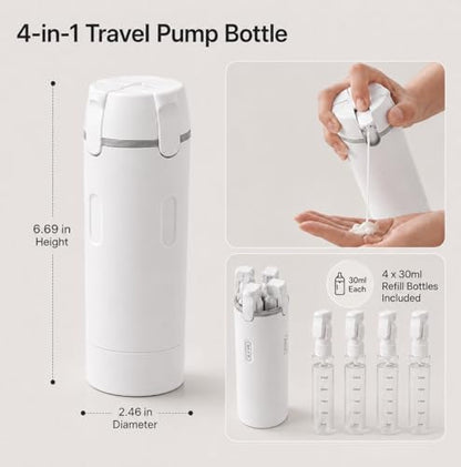 4-in-1 Travel Dispenser Bottle, Refillable Containers with Clear Scale Labels, Leak Resistant Travel Toiletry Bottles for Cosmetics, Shampoo, Lotion, White