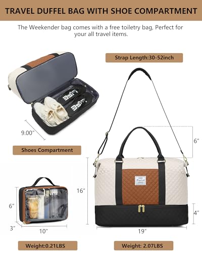 Travel Weekender Duffle Bag for Women: Overnight Bags with Shoe Compartment - color: Black White Brown, size: Large