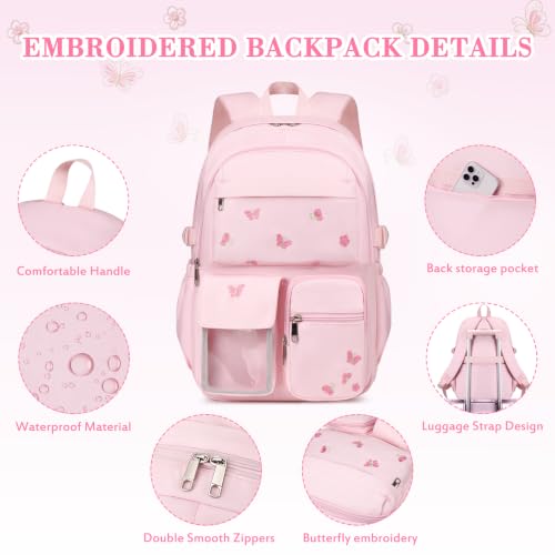 ACESAK 3PCS Embroidered Girls Backpack with Lunch Bag Set,Pink Batterfly - color: Pink Butterfly