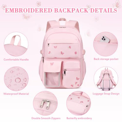 ACESAK 3PCS Embroidered Girls Backpack with Lunch Bag Set,Pink Batterfly - color: Pink Butterfly