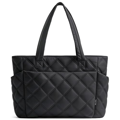 Uselike Tote Bag for Women, Lightweight Puffer Tote Work Bags with Compartments for Travel, Quilted Shoulder Bag with Zipper - color: Black