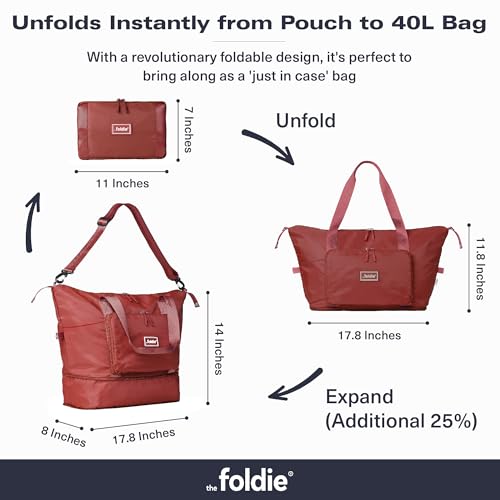 The Foldie Foldable Travel Bag for Women - 40L Weekender Bag with Multiple Pockets - Carry On Expendable Travel Bag - color: Red
