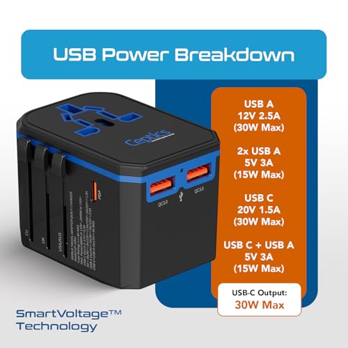 Ceptics International Power Adapter - 30W USB-C, 2 USB-A, Universal Input - color: Black/Blue