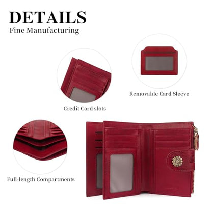 Wallet Women,RFID Blocking Real Leather Womens Wallet Bifold Compact Card Holder Small Wallet for Women with Removable ID Window Red - color: a6-red