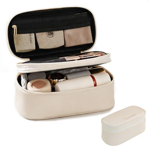 Makeup Bag, Double Layer Makeup Organizer, Portable Travel Cosmetic Bag, Small with Large Capacity and Divider, Easy Access (White)