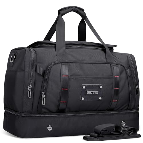WITZMAN Travel Duffle Bag for Men 55L Nylon Weekender with Shoe Compartment - color: Black