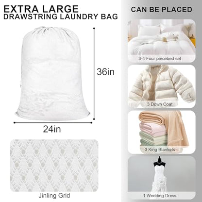 Mesh Laundry Bag, 24 x 36 in Heavy Duty Drawstring Wash Bag for Delicates, Reusable Machine Washable Sack for Home and Travel, White - color: White