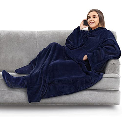 PAVILIA Fleece Blanket with Sleeves, Foot Pockets for Women Men, Navy Blue - color: Navy, size: Fleece