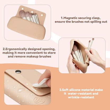 3 in 1 Silicone Makeup Brush Holder Portable Travel Brush Case Organizer - color: Walnut