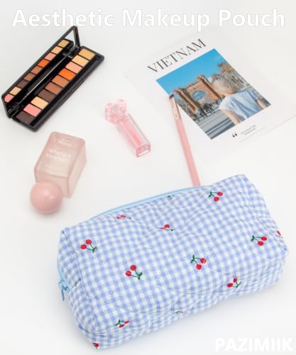 PAZIMIIK Small Quilted Makeup Bag,Zipper Cosmetic Pouch,Gingham Blue Cherry - color: Gingham Blue Cherry