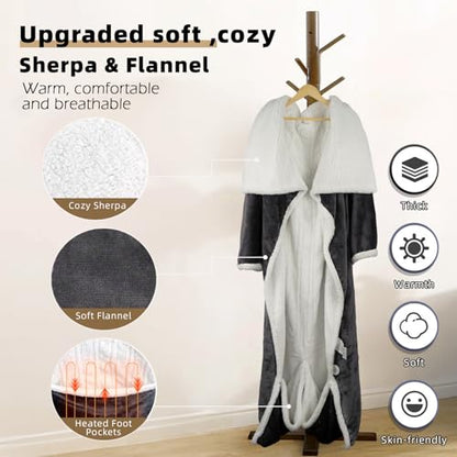 Heated Blanket Wearable Electric Blanket with Heated Foot Pocket, Portable Heated Blanket with Sleeves Flannel & Sherpa Heating Blanket with 6 Heating Levels & 1-10 Hour Timer, 51" * 71"+18", Grey