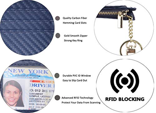 woogwin Slim RFID Credit Card Holder for Women Mini Front Pocket Wallet Purse With Keychain - color: Carbon Fiber Leather Darkblue