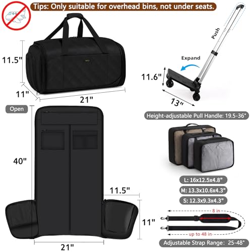 Rolling Garment Bag for Travel, 50L Duffle Bag with Shoe Compartment, 4pcs - color: Black