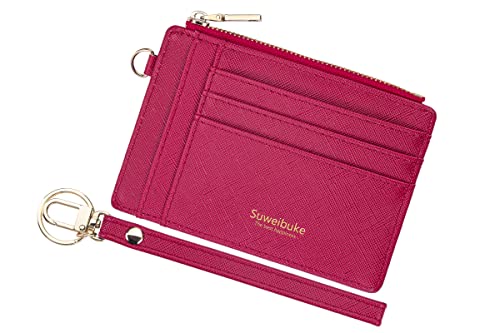 Wikavanli Women Slim Rfid Blocking Credit Card Case Holder Wristlet Zip ID Case Wallet Small Compact Leather Wallet Coin Purse with Keychain (Rose Red) - color: Rose Red