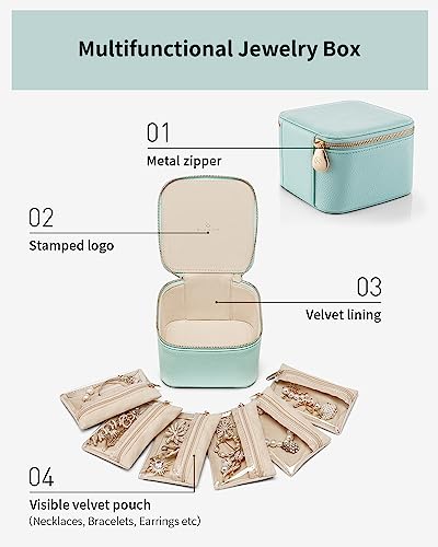 VLANDO Jewelry Box with 6 Clear Velvet Zipper Pouches,Lake Blue - color: E.6 PCS Lake Blue
