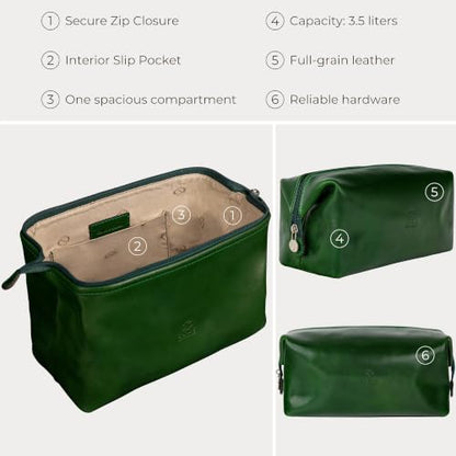 Time Resistance Leather Toiletry Bag - Italian Cosmetic Case Dopp Kit (Green) - color: Green