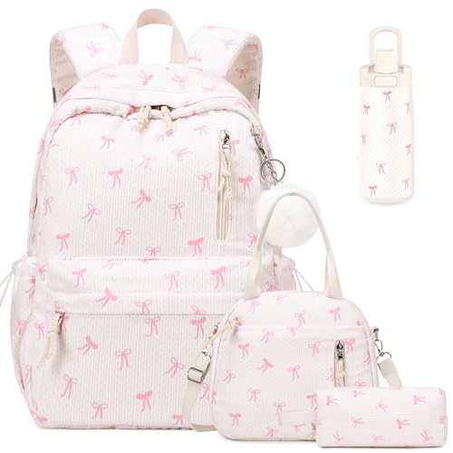 4PCS Corduroy Girls Backpack w/ Water Bottle & Lunch Bag (Beige Bow Tie) - color: 2-beige Bow Tie