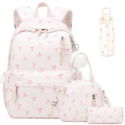 4PCS Corduroy Girls Backpack w/ Water Bottle & Lunch Bag (Beige Bow Tie) - color: 2-beige Bow Tie