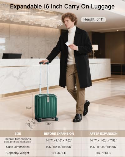 Hanke Top Opening Carry-On - Expandable 16 Inch Airline Approved Spinner - color: Blackish Green, size: 16 Inch Expandable