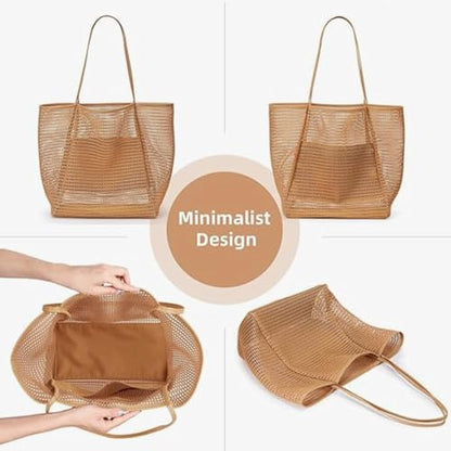Mesh Beach Tote Bag for Women, Sandproof Quick Dry Foldable Travel Bag - color: Khaki
