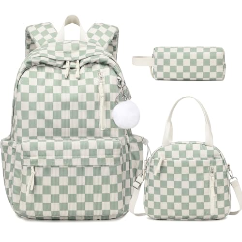 3PCS Corduroy Girls Backpack w/ Lunch Box & Pencil Bag (Green Chessboard) - color: Green Chessboard