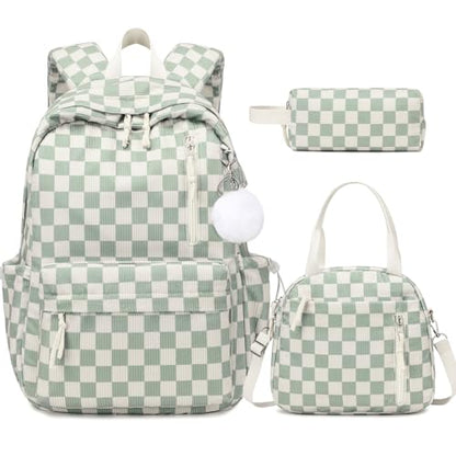3PCS Corduroy Girls Backpack w/ Lunch Box & Pencil Bag (Green Chessboard) - color: Green Chessboard