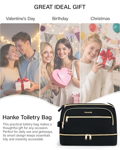 Hanke Travel Toiletry Bag, Wide-Open Dual-Layer Water Resistant Makeup Bag - color: Black