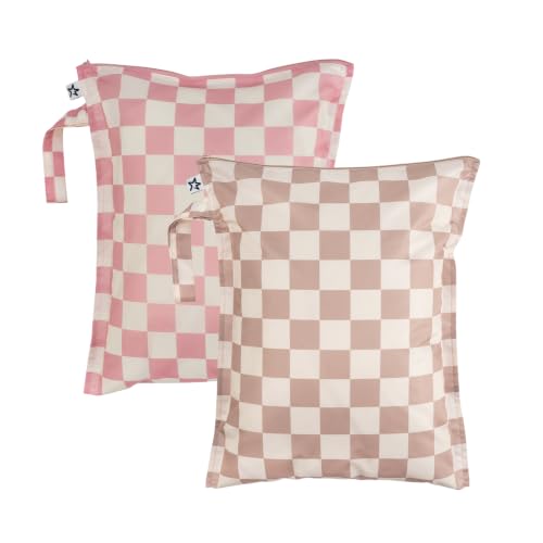 Tiny Twinkle Mess Proof Wet Bags | 2-Pack Reusable Waterproof Wet Bags for Swimsuits | Baby Clothes | Travel & Diaper Bag (Pink, Brown Checkers) - color: Pink, Brown Checkers, size: 2 Pack