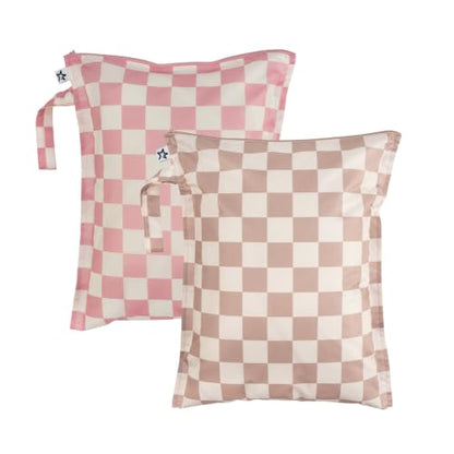Tiny Twinkle Mess Proof Wet Bags | 2-Pack Reusable Waterproof Wet Bags for Swimsuits | Baby Clothes | Travel & Diaper Bag (Pink, Brown Checkers) - color: Pink, Brown Checkers, size: 2 Pack