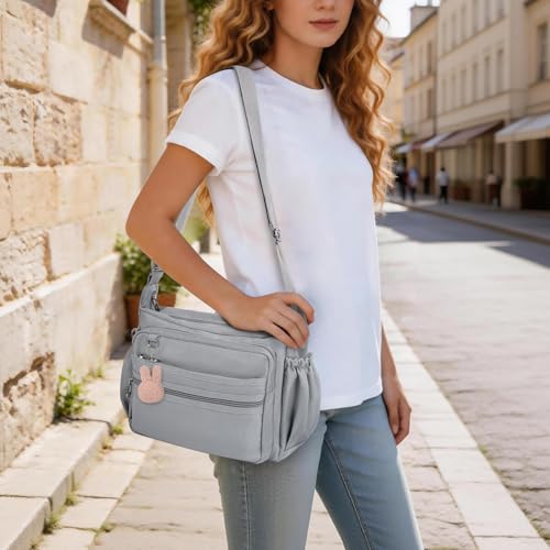 Crossbody Bag for Women Waterproof Shoulder Bag Multi Pockets Nylon Purse - color: Lightgray-l