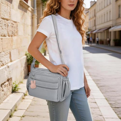 Crossbody Bag for Women Waterproof Shoulder Bag Multi Pockets Nylon Purse - color: Lightgray-l