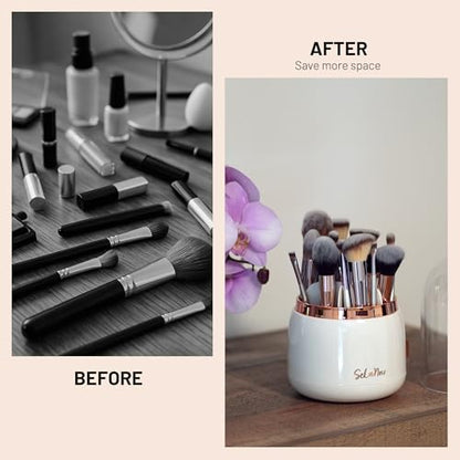 Rotating Makeup Brush Holder with Lid Dustproof Vanity Organizer for Makeup Brushes, Bonus Foldable Makeup Brush Cleaner Bowl Included - color: White
