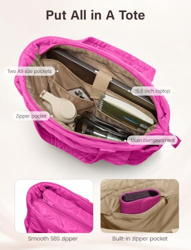 Uselike Tote Bag for Women, Lightweight Puffer Tote Work Bags with Compartments for Travel, Quilted Shoulder Bag with Zipper - color: Raspberry Pink