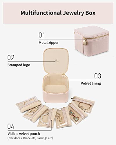 VLANDO Travel Jewelry Case with 6 Clear Velvet Zipper Pouches,Pink - color: B.6 PCS Pink