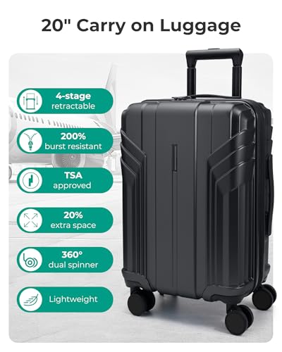 BAGSMART Expandable Carry On Luggage 22x14x9 Airline Approved, Black | Spinner Wheels, TSA Lock, Lightweight Hard Shell, Suitcase,22x14x9 Airline Approved - color: Black, size: Expandable Carry On 20 Inch