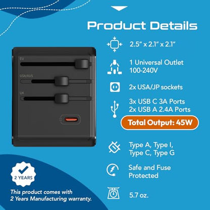 Ceptics 8 in 1 Universal Travel Adapter 45W, 3 Inputs, 2 USB-A + 3 USB-C - color: Black