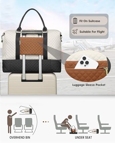 Travel Weekender Duffle Bag for Women: Overnight Bags with Shoe Compartment - color: Black White Brown, size: Large