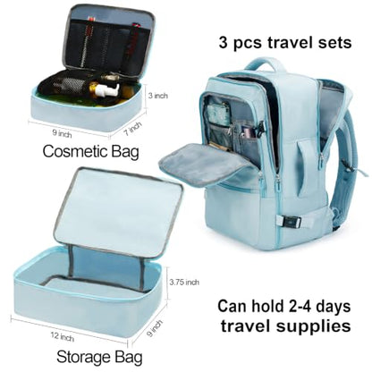 SHRRADOO Travel Backpackfor Women Men, with Storage Cosmetic Bag Set 3pcs - color: Light Blue
