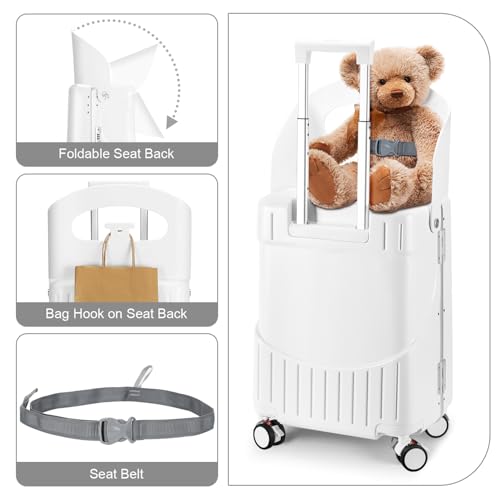 MRPLUM Ride On Luggage with Foldable Seat&Seat Belt,White - color: White