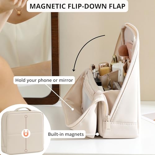 tianzong Travel Makeup Bag with Magnetic Fold-Down Flap, Waterproof Leather Cosmetic and Toiletry Organizer for Women, Multi-Zone Standing Storage, Cream, Large - color: L-Cream