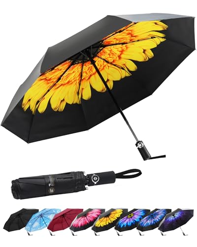 SY COMPACT Travel Umbrella for Rain, Windproof Automatic Compact Umbrella - color: flower yellow