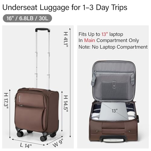 Hanke Underseat Carry On Luggage with Wheels, Small Suitcase, Rolling Bag - color: Coffee, size: 16 Inch Underseat