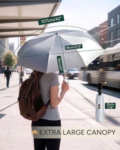 UPF 50+ UV Umbrella for Sun Protection, 42/46 Inch Silver Compact Travel Umbrella Windproof, Under 0.9 Pound Folding with Auto Open Close Portable UV Blocking - color: Silver - 42inch